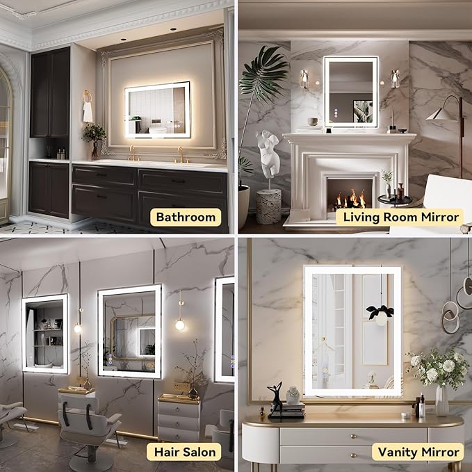 20"x 28" LED Bathroom Mirror, 3 Colors Vanity Mirror with Lights, Front and Backlit Bathroom Mirror with Lights, LED Smart Mirror for Bathroom, Tempered Glass, Anti-Fog, Stepless Dimmable, Memory(ETL)