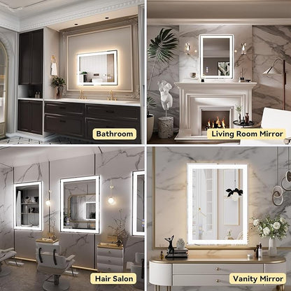 20"x 28" LED Bathroom Mirror, 3 Colors Vanity Mirror with Lights, Front and Backlit Bathroom Mirror with Lights, LED Smart Mirror for Bathroom, Tempered Glass, Anti-Fog, Stepless Dimmable, Memory(ETL)