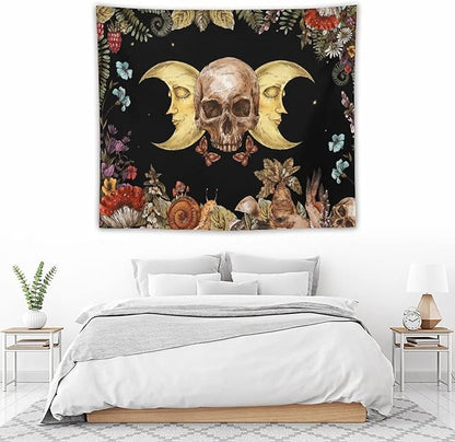 Boho Moon Skull Tapestry,Vintage Sun Moon Hippie Mushroom Floral Plant Tapestries Wall Hanging for Dorm Living Room Bedroom Decor(50"x60")