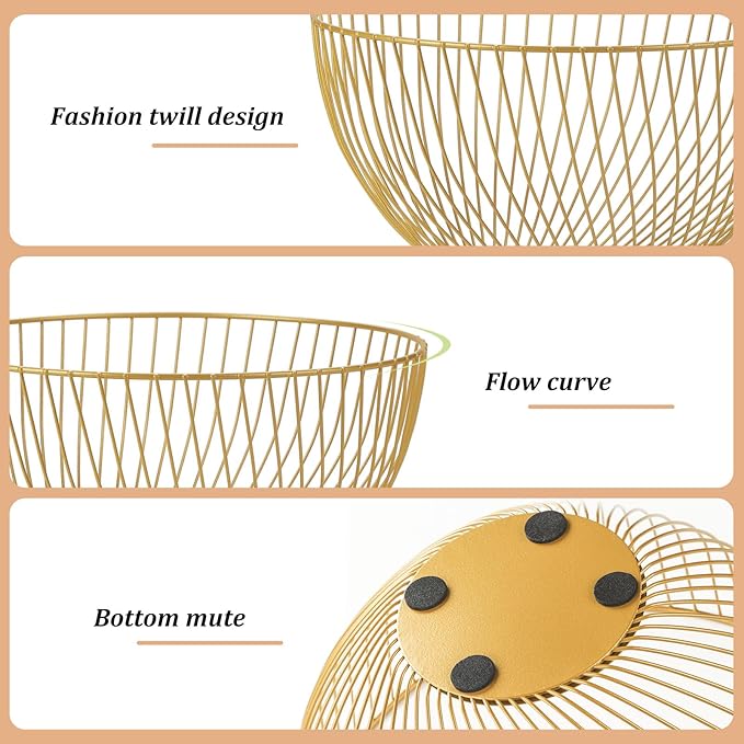IBWell Gold Wire Fruit Basket Fruit Bowl Kitchen Fruit Basket Stand Fruit Bowls for the Counters Metal Fruit Bowl (Rount-Twill Large)