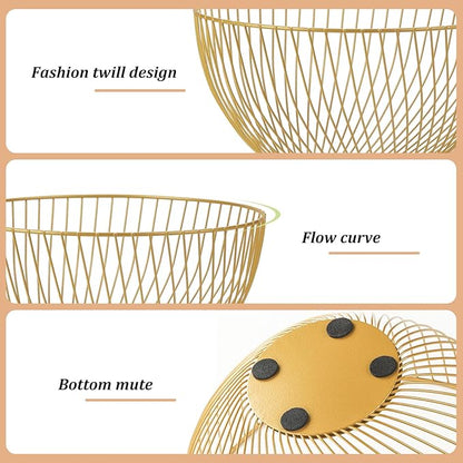 IBWell Gold Wire Fruit Basket Fruit Bowl Kitchen Fruit Basket Stand Fruit Bowls for the Counters Metal Fruit Bowl (Rount-Twill Large)