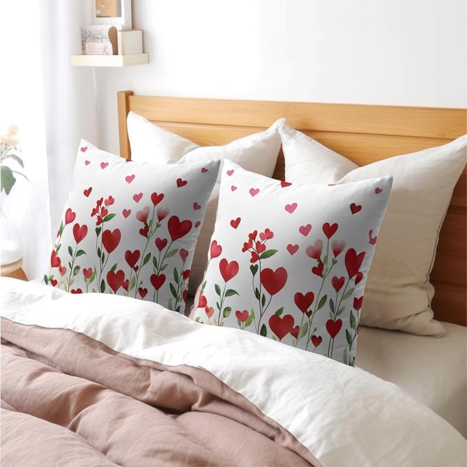 Valentines Day Pillow Covers 20x20 Set of 2 Green Red Heart Throw Pillow Covers Love Pillowcase Linen Decoration Farmhouse Holiday Cozy Soft Cushion Case Couch for Indoor Outdoor Home Decor