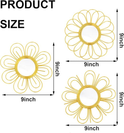 Gold Mirrors 3 Piece, 9 inch Flower-Shaped Mirror Hanging Wall Decor, Christmas Decorative Mirror Wall Art, Round Mirrors for Bedroom,Living Room,Bathroom, House Warming