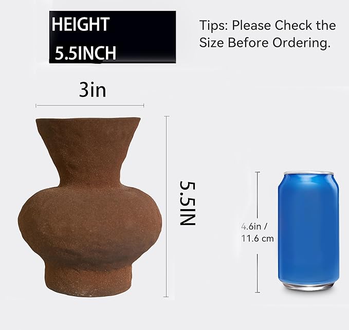 5.5IN Small Rustic Ceramic Flower Vase Home Decor, Vintage Stoneware Clay Pottery Terracotta Textured for Modern Farmhouse, Living Room, Office Desk Table Shelf(Brown)