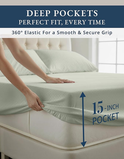 LANE LINEN 100% Egyptian Mercerized Cotton Twin Bed Sheet Set, Eco Friendly No Pill Fade Resistant 15 inch Deep Pocket Twin Sheet Sets Elegant Jaquard Swiss Dot - Mineral