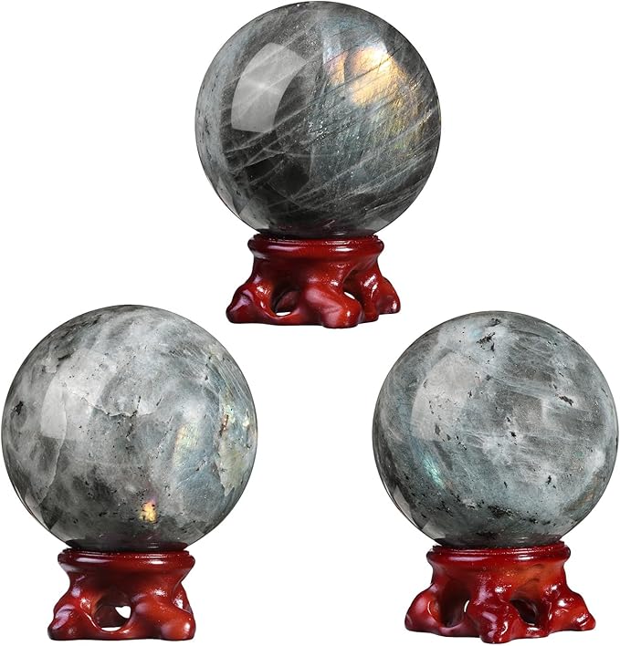 mookaitedecor Natural Labradorite Crystal Ball with Resin Stand, Decorative Stone Sphere Ball for Feng Shui Meditation Divination Home Decor, 2.4-2.76 Inch (61-70 mm)