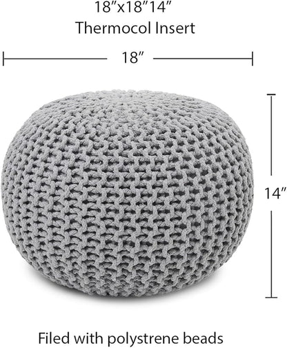 REDEARTH · Round Boho Pouf Ottoman - Cable Knitted Cord Boho Pouffe - Stuffed Poof Accent Beanbag Footrest for Living Room - Nursery - Bedroom - Covered Patio - Study Nook (18”x18”x14”) - Gray-S