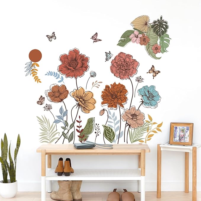 Large Boho Flower Wall Decals Floral Leaves Grass Butterfly Wall Stickers Removable Wall Art Decor for Living Room Bedroom