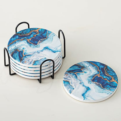 Ceramic Drink Coasters Set of 6 with Holder, Modern Marble Absorbent Ceramic Coasters, Round Ceramic Table Coasters for Home Decor Coffee Kitchen (4 Inches), Sky Blue