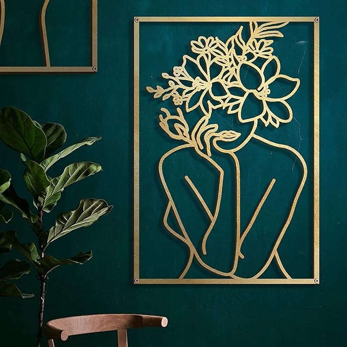 Glamativity Large 4 Pack Gold Wall Art Décor, Minimalist Décor Single Line Art Wall Décor, Real Metal Wall Art, Woman's Body Shape Abstract Wall Art (Gold Classic Style, L Size 22.5 x 15.7'')