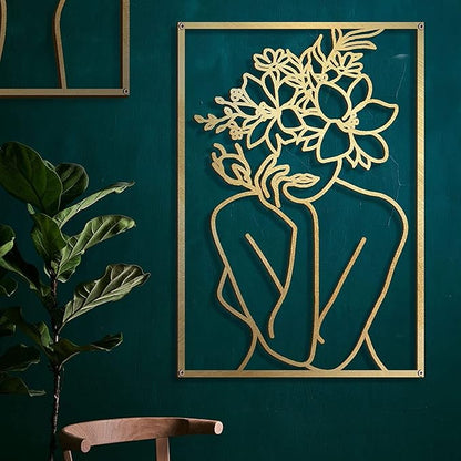 Glamativity Large 4 Pack Gold Wall Art Décor, Minimalist Décor Single Line Art Wall Décor, Real Metal Wall Art, Woman's Body Shape Abstract Wall Art (Gold Classic Style, L Size 22.5 x 15.7'')