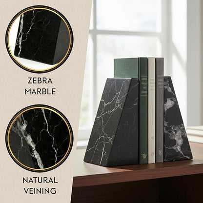 Bey-Berk Whitney Zebra Marble Bookends (Black, Set of 2), 4" x 2.5" x 6" Heavy Wedge Book Ends for Desk, Shelf, or Office
