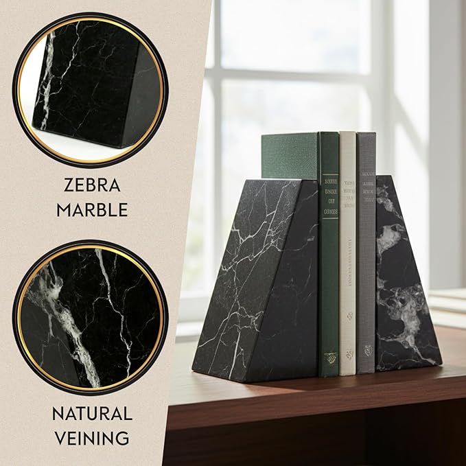 Bey-Berk White Triangular Marble Bookends – Heavy-Duty Wedge Design, Modern Office and Bookshelf Organizer