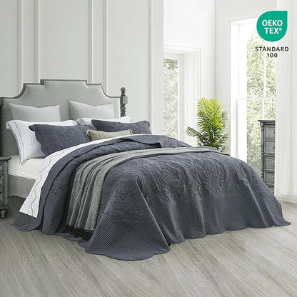 CHIXIN Bedspread Coverlet Quilt Set Full Size - Lightweight Bedding Cover - Beautiful Stitching - 5 Piece Reversible Bedspread - Gorgeous Damask Paisley Pattern (Full, Dark Grey)
