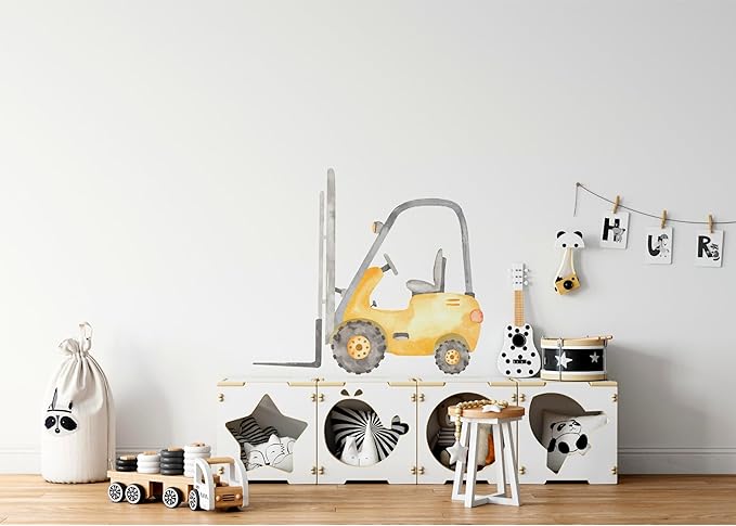 Construction Forklift Wall Decal for Boys Room, Lift Truck Construction Eqipment Peel Stick Removable Fabric Wall Sticker, Nursery or Playroom Decor, Repositionable (18 inch: 16" Tall x 18" Wide)