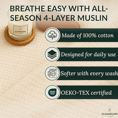 Luxury 100% Cotton Muslin Throw Blanket, 4 Layer Extra Large 50x70in, Perfect for Couch, Sofa, Home Decor, Soft Cotton Gauze Travel Blanket, Winter Cozy Throw, All Season Ivory