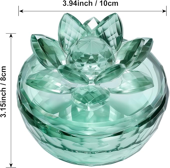 Crystal Jewelry Box, Small Glass Trinket Jar with Lid, Clear Lotus Flower Storage Holder for Women, Elegant Organizer Dish for Ring, Earrings, Necklace, Gift (Green)