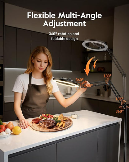 Ring Light Tripod for iPhone Overhead Camera Mount, LUXSURE Ring Light with Stand and Phone Holder with Casters & Flexible Arm, Phone Tripod with Light for Video Recording,Live Streaming,Cooking