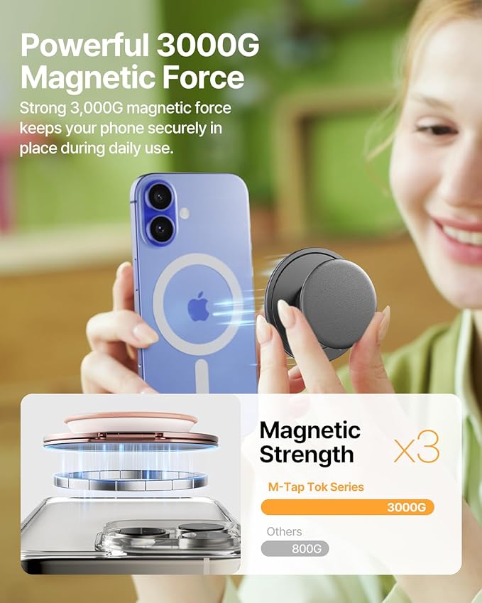 Sinjimoru for MagSafe Phone Grip — 3000G Magnetic Hold, Soft Silicone Comfort, Metal Plate Included, iPhone 17/16/15/14/13, M-Tap Tok Ring Stand Black