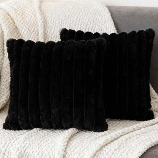 2 Pack 16x16 Double-Sided Faux Fur Pillow Covers, Plush Throw Pillow Covers for Living Room Decorations Throw Pillow Case, Throw Pillow Cover Cushion Cover for Home Sofa Car, Black