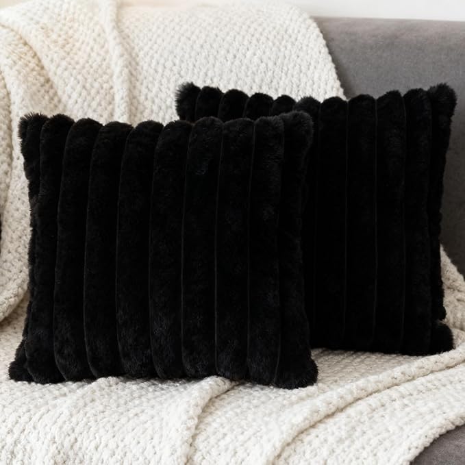 2 Pack 20x20 Double-Sided Faux Fur Pillow Covers, Plush Throw Pillow Covers for Living Room Decorations Throw Pillow Case, Throw Pillow Cover Cushion Cover for Home Sofa Car, Black