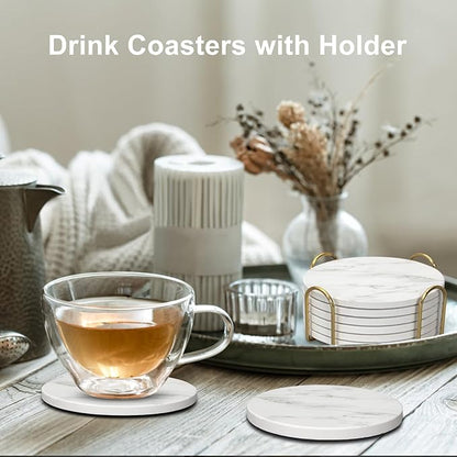 White Marble Coasters Set of 6 - Round Ceramic Absorbent Coasters with Holder for Lounge, Bar, Coffee, Cup, Table, Desk