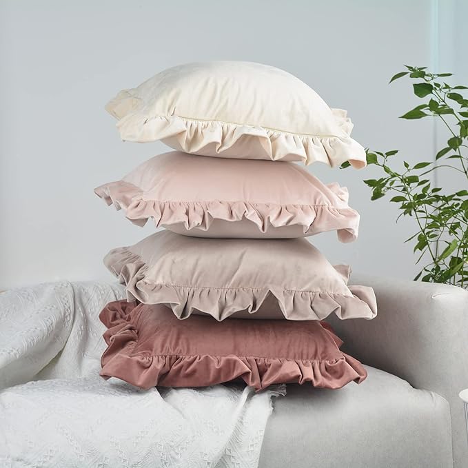 Velvet Ruffle Throw Pillow Covers Couch, Set of 2 Decorative Pillowcases with Ruffles 18x18 Inch Solid Color Shabby Chic Farmhouse Cushion Cover for Living Room Sofa Bed, Beige