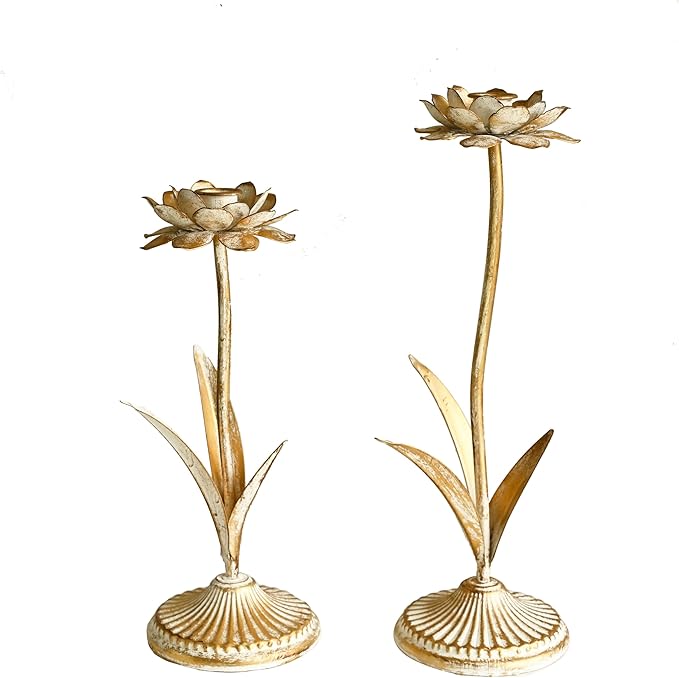Antique Gold Metal Flower Taper Candle Holder, Rustic Farmhouse Style, Set of 2, Centerpiece Wedding Festive Christmas Mantel Decoration