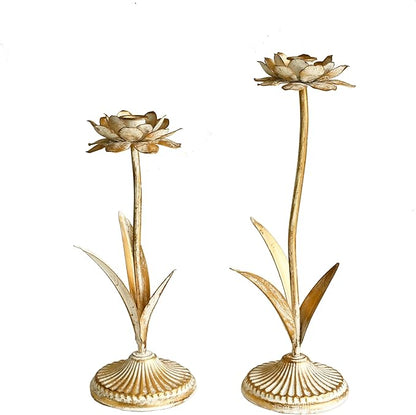 Antique Gold Metal Flower Taper Candle Holder, Rustic Farmhouse Style, Set of 2, Centerpiece Wedding Festive Christmas Mantel Decoration