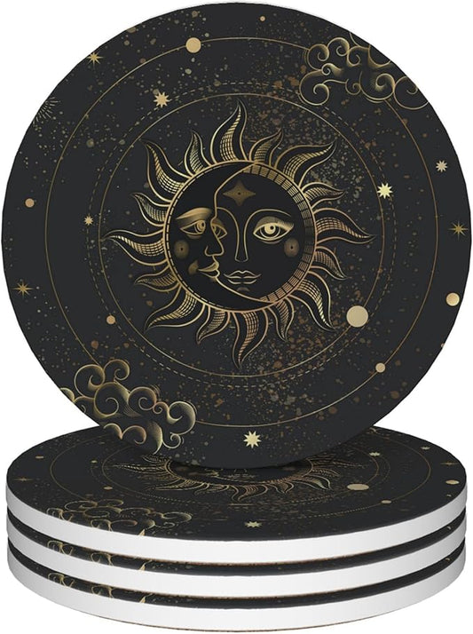 Coasters for Drinks,Golden Sun Moon Boho Absorbent Coaster Set of 4 with Cork Base,Ceramic Drink Coasters for Cold Drinks Wine Glasses Cups Mugs,Housewarming Gifts for Home Decor