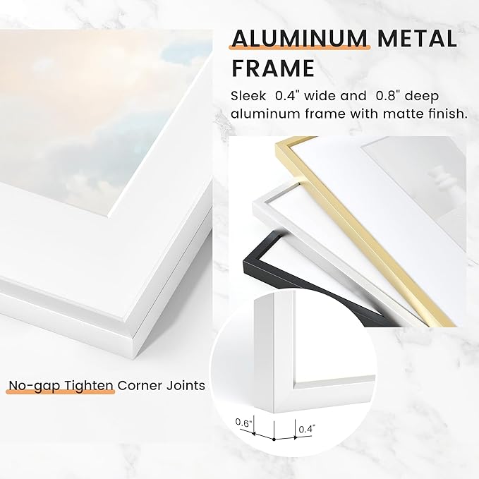 16x20 inch Metal Picture Frame - 16 x 20 Thin Aluminum Photo Frames with 11x14 Removable Mat - High Definition Plexiglass - Vertical and Horizontal Display - Wall Hook Hanging Hardware Included - Silver, Set of 1