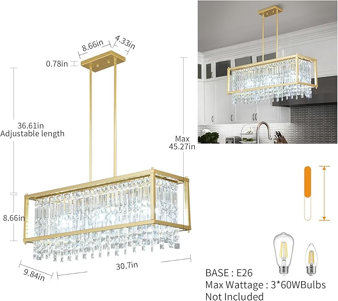 LMQNINE Modern Rectangle Chandelier for Dining Room, Gold Crystal Chandelier Linear Light Fixture, Farmhouse Chandeliers for Kitchen Island, Bar Table, L30.7'' x W9.84'' x H8.66''