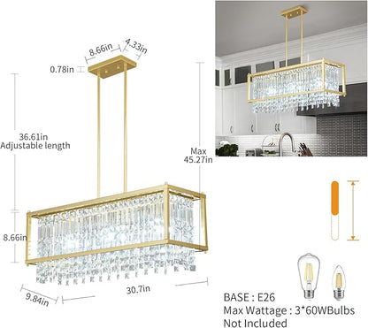 LMQNINE Modern Rectangle Chandelier for Dining Room, Gold Crystal Chandelier Linear Light Fixture, Farmhouse Chandeliers for Kitchen Island, Bar Table, L30.7'' x W9.84'' x H8.66''