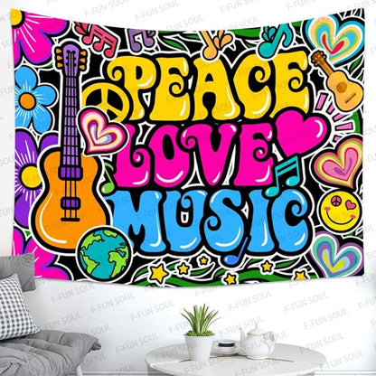 F-FUN SOUL Peace Love Tapestry Groovy Tapestry, 90x84inches, 70s Music Tapestries Psychedelic Art Tapestries Wall Hanging for Bedroom Living Room Decor Banner