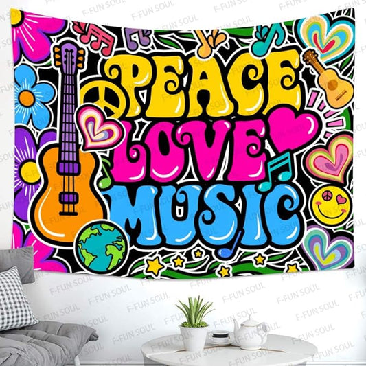F-FUN SOUL Peace Love Tapestry Groovy Tapestry, 80x60inches, 70s Music Tapestries Psychedelic Art Tapestries Wall Hanging for Bedroom Living Room Decor Banner