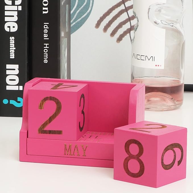 Block Calendar,Wooden Perpetual Blocks,Small Desk Decor for Office Desktop Vintage Month Date Number Cubes Display Home Chic Rustic Decoration(Hot Pink)