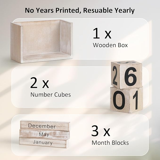 Wooden Block Calendar for Desk, Small Size Daily Desktop Perpetual Desk Calendar, Cute Date Display Desk Accessories for Home Office Decor, Teacher, Classroom, Reusable Yearly, Grey Beige