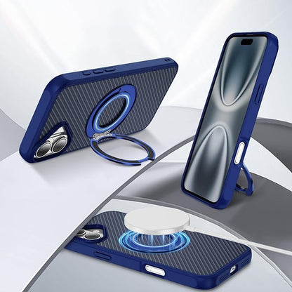 Mag-Stand Carbon Fiber Case for iPhone 17, 360° Rotate Magnetic Stand, Compatible with MagSafe, 15FT Military Protection, Slim Shockproof Magnetic Kickstand Mag Phone Case for Men Women Blue