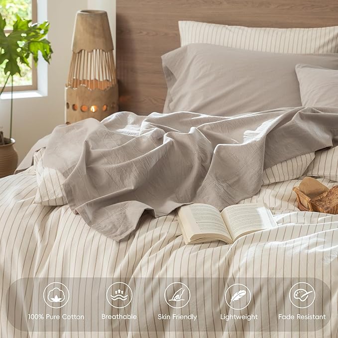 MooMee Bedding Sheet Set 100% Washed Cotton Linen Like Textured Breathable Durable Soft Comfy (Heathered Cream Grey, Full)
