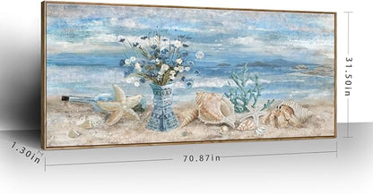 Nicetop Extra Large Framed Canvas Wall Art for Living Room Blue Ocean Theme Seascape Painting Beach Daisy Flower in Vase Coastal Landscape Calm Seaside Artwork for Sea Lake Bedroom Office 32x71inch
