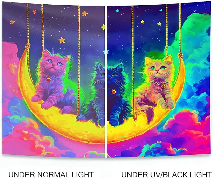 seewan Black Light Psychedelic Cat Tapestry, Glow-in-the-Dark UV Neon Multicolor Cat Tapestry, Psychedelic Multicolor Animal Art Tapestry, Bedroom Dorm Living Room Background Decor