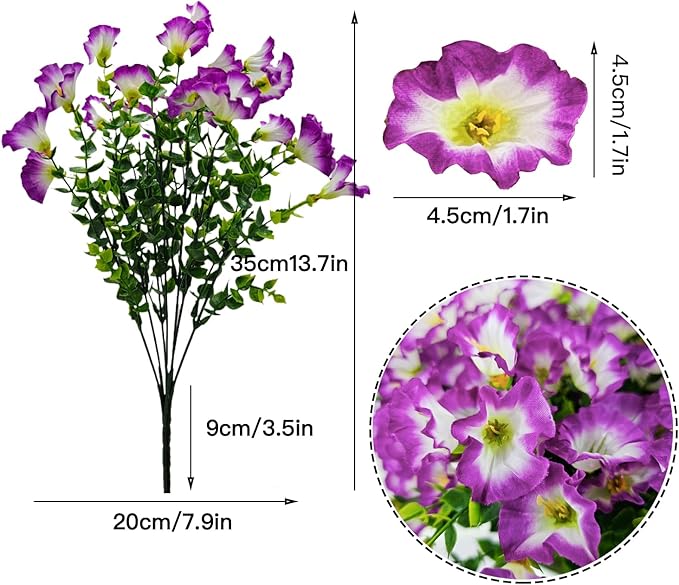 Artificial Silk Flowers for Outdoor Decoration,12 Bundles Faux Flowers Colorful Morning Glory with Eucalyptus Fake Plants Greenery UV Resistant for Outside Front Door Planter Porch Patio Yard