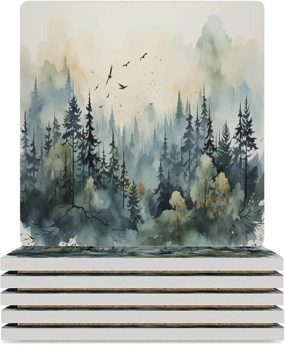 6PCS Forest Drink Coasters, Square Modern Ceramic Absorbent Coasters, Watercolor Style Nature Mountain Woodland Green Forest Flying Birds Decor Desk Coffee Table Coaster for Beverage Cup Tea Coasters