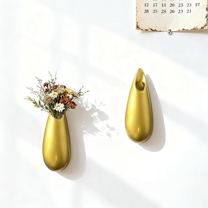 Sculptural Wall Ceramic Vase — 2 Pack Gold Hanging Sconce Vase | Turn Flowers into Art — Decorative Ceramic Wall Sconce for Single Stem Displays