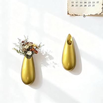 Sculptural Wall Ceramic Vase — 2 Pack Gold Hanging Sconce Vase | Turn Flowers into Art — Decorative Ceramic Wall Sconce for Single Stem Displays