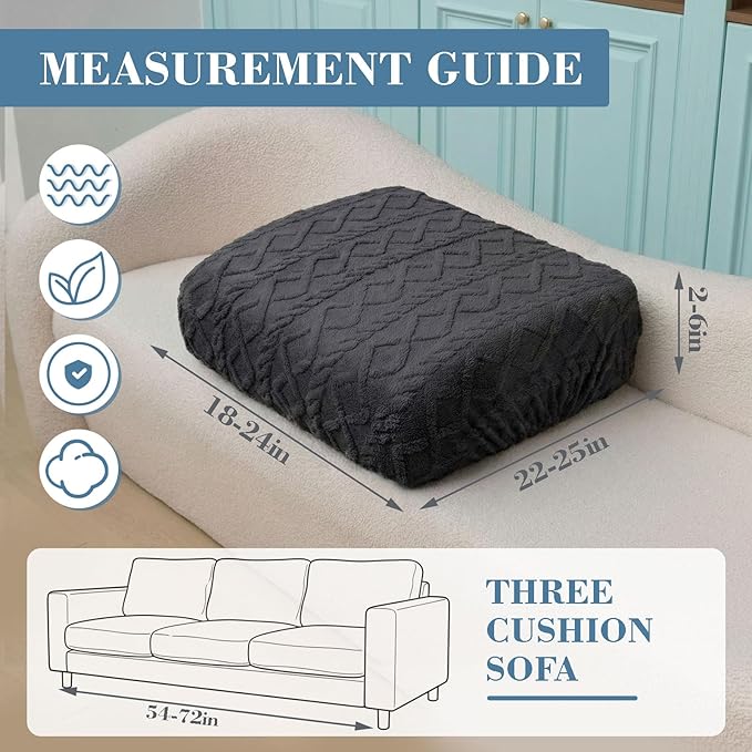 3 Pcs Jacquard Couch Cushion Covers for Sofa Stretch Plush Soft Seat Cover Washable Sofa Slip Covers with Elastic Bottom Modern Boho Furniture Protector for Sectional Slipcovers(Dark Gray)