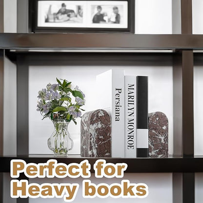 Koville Turkish Natural Marble Bookends for Shelves, Decorative Book Ends, 13lbs Heavy-Duty Marble Book Holders, Bookshelf Apartment Decor for Normal Books/CD/Video Games(Leopard)