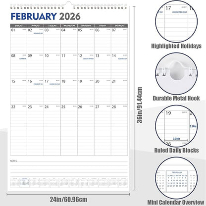 GuassLee Extra Large Wall Calendar 2026, 36"x 24" Jumbo Vertical Wall Planner 2026-2027 from January 2026 to June 2027,18 Months with Julian Dates and Notes for Office School Home Teacher Planning