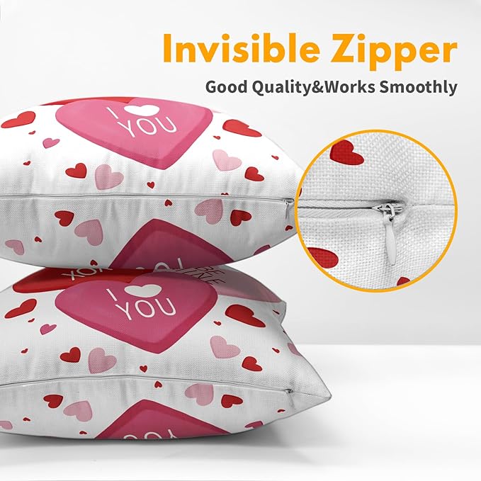 Valentines Day Pillow Covers 18x18 Set of 2 White Pink Heart Throw Pillow Covers Love Pillowcase Linen Decoration Farmhouse Holiday Cozy Soft Cushion Case Couch for Indoor Outdoor Home Decor