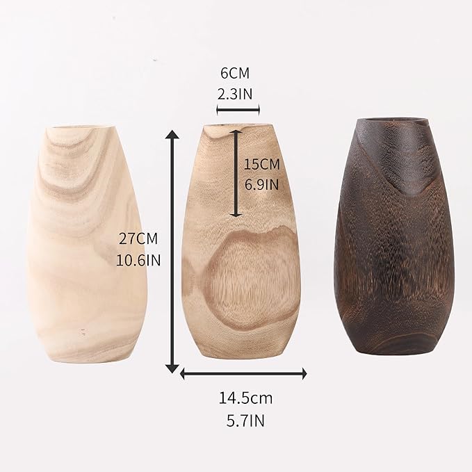 Handmade Eco-Friendly Wooden Vase Set - Natural Solid Paulownia Wood Vases for Home Decor, DIY Hand-Painted Design, Unbreakable Decorative Gift Set (7”, 10”, 12”) (Light Conical Vase 5.7×10.6in)